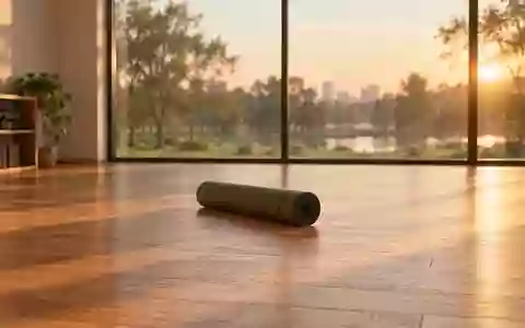 Ein minimalistischer Trainingsraum mit einer zusammengerollten Yogamatte auf einem Holzboden in warmem Tageslicht. - Foto: über boerse-global.de