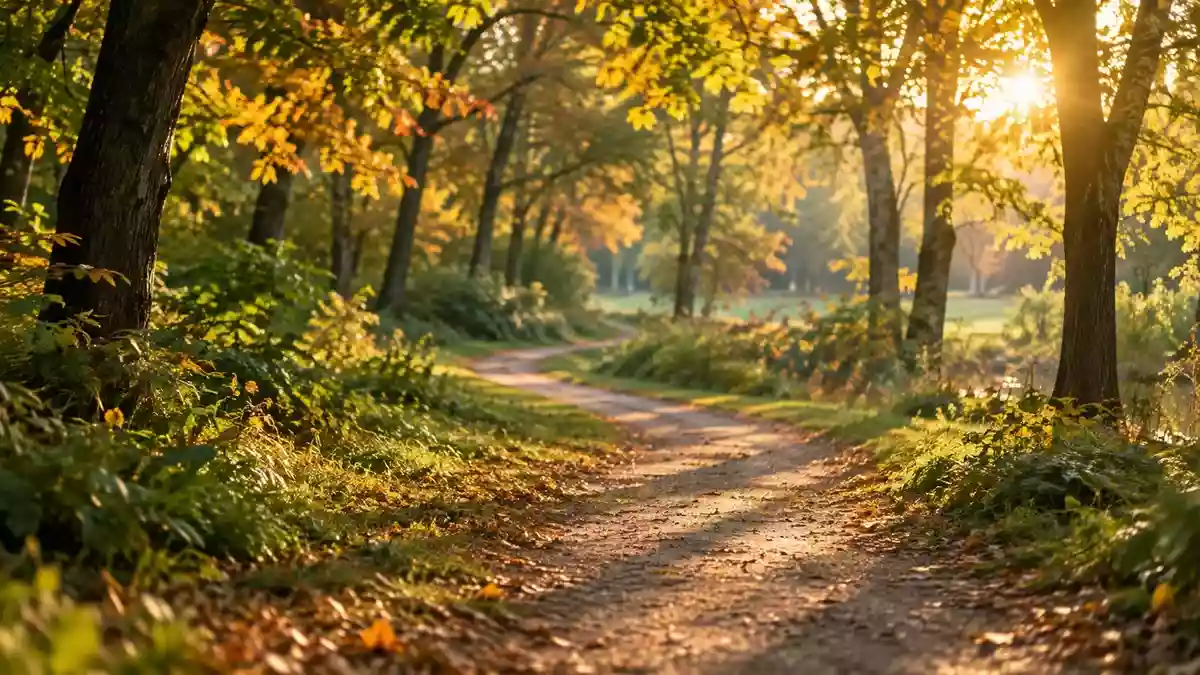 Ein sonniger, bewaldeter Wanderweg in einem Park bei goldenem Licht. Illustration mit AI erstellt.