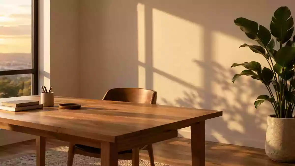 Ein minimalistisches, sonnendurchflutetes Homeoffice mit einem leeren Schreibtisch und einer Pflanze. Illustration mit AI erstellt.