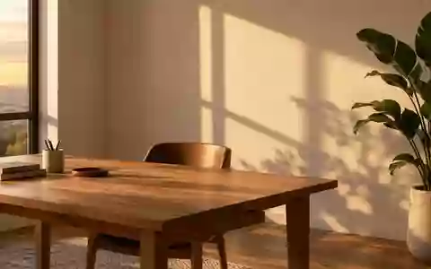 Ein minimalistisches, sonnendurchflutetes Homeoffice mit einem leeren Schreibtisch und einer Pflanze. - Foto: über boerse-global.de