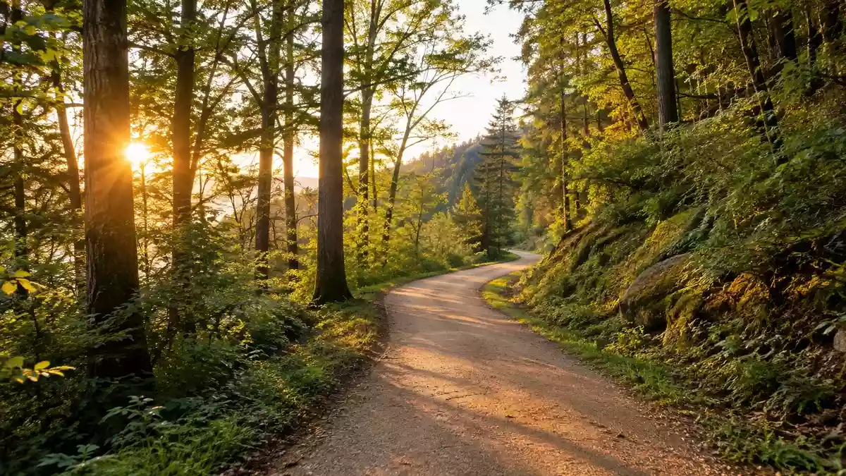 Ein geschwungener Waldweg im goldenen Sonnenlicht, der zur sportlichen Betätigung in der Natur einlädt. Illustration mit AI erstellt.