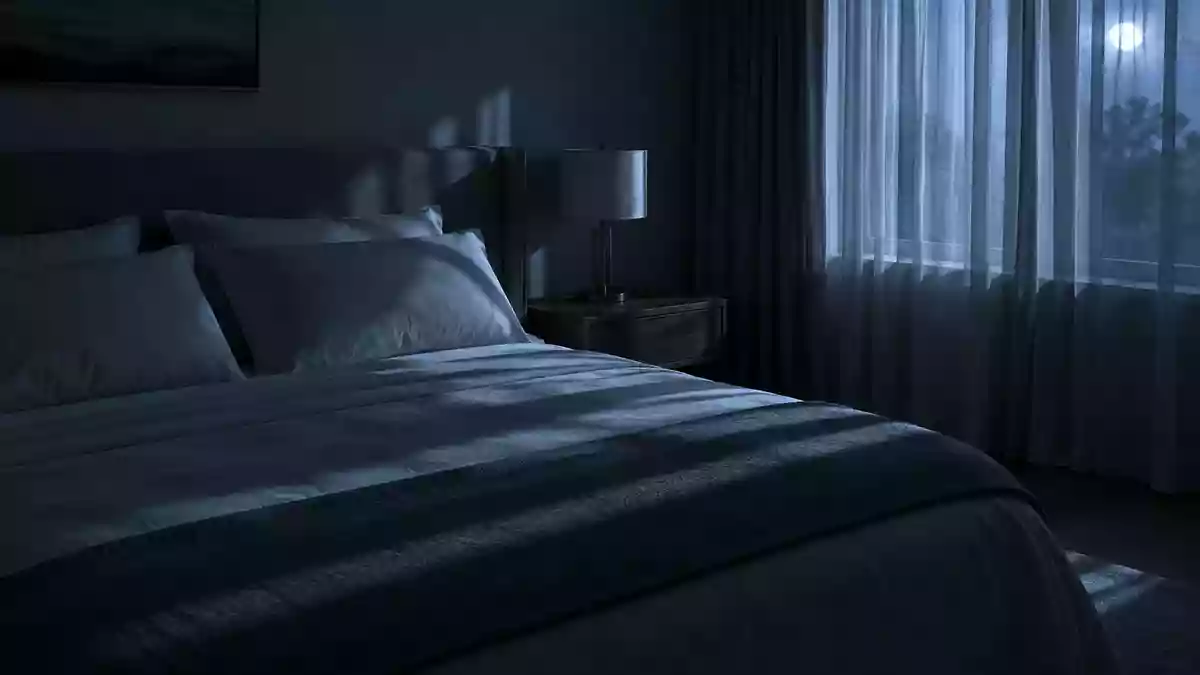 Ein ruhig wirkendes Schlafzimmer bei Nacht mit gedimmtem Licht und sanftem Mondschein, der durch die Vorhänge fällt. Illustration mit AI erstellt.