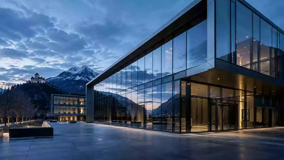 Ein modernes Bürogebäude aus Glas und Stahl in Vaduz in der Abenddämmerung. Illustration mit AI erstellt.