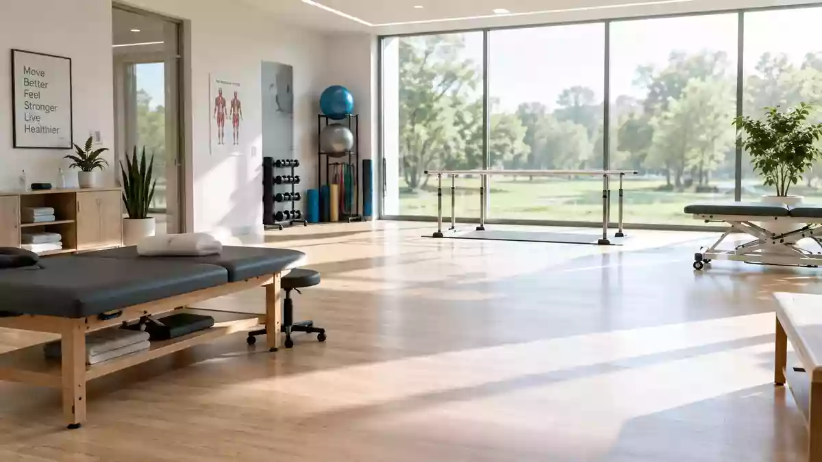 Heller, leerer Raum einer Rehabilitationseinrichtung mit Holzfußboden und Blick ins Grüne. Illustration mit AI erstellt.