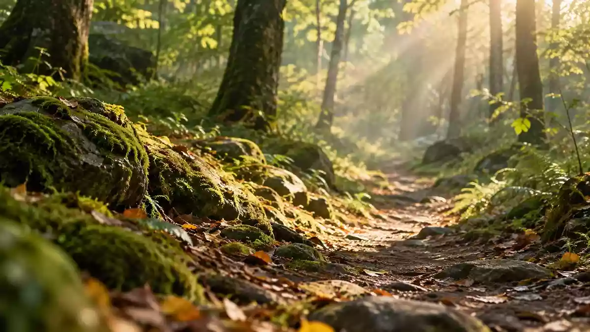 Ein ruhiger Waldpfad im Morgenlicht, der ein Gefühl von Ruhe und Bewegung vermittelt. Illustration mit AI erstellt.