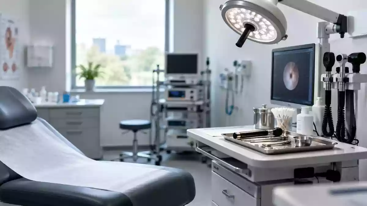 Ein heller, steriler Behandlungsraum in einer Klinik mit Fokus auf eine professionelle medizinische Untersuchungsumgebung. Illustration mit AI erstellt.