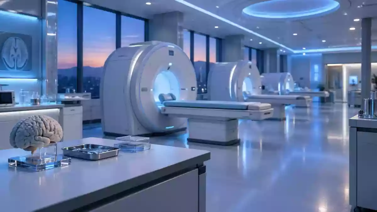 Ein klinisches Forschungszentrum mit moderner medizinischer Bildgebungsausrüstung in einer sterilen, professionellen Umgebung. Illustration mit AI erstellt.