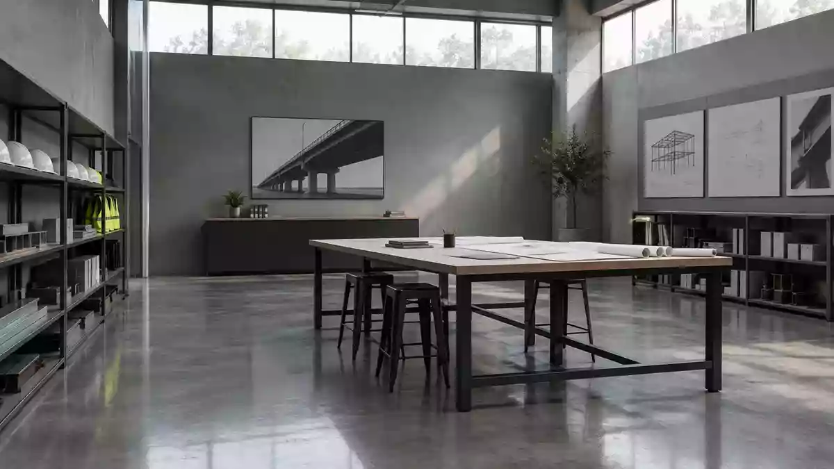 Ein minimalistischer, moderner Industrieraum mit klaren architektonischen Linien und natürlichem Licht. Illustration mit AI erstellt.