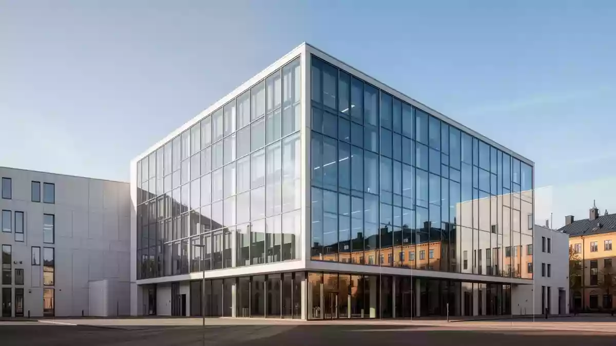 Ein modernes Verwaltungsgebäude in Stockholm bei Tageslicht. Illustration mit AI erstellt.