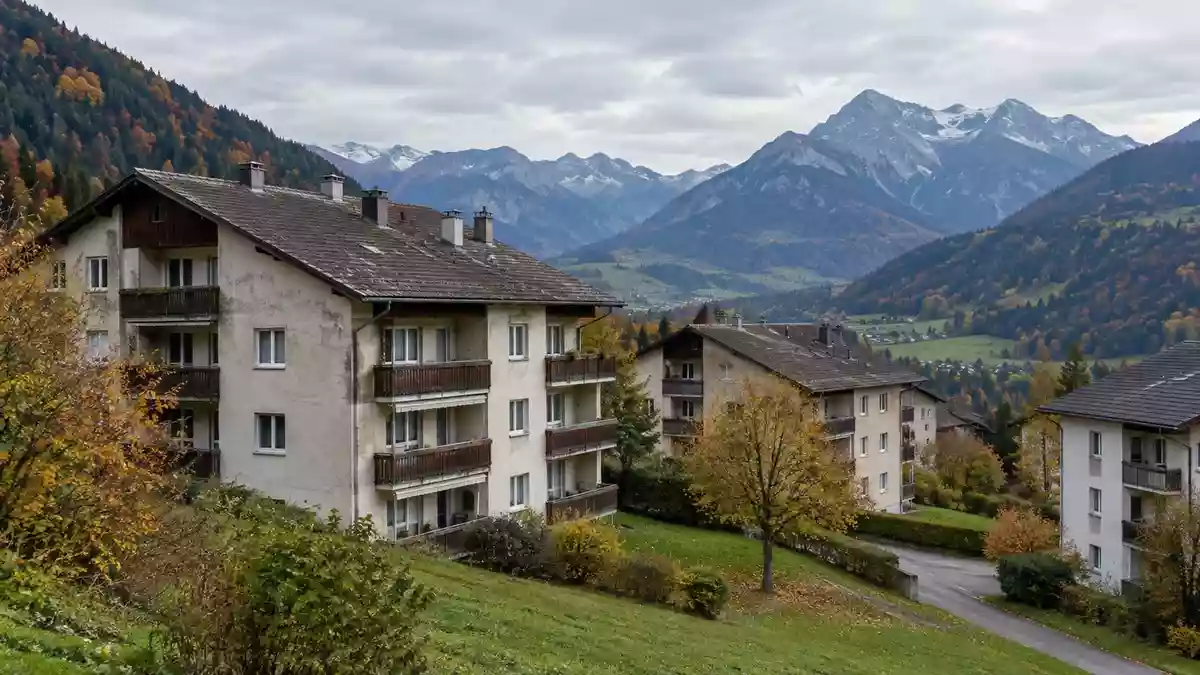 Ältere Mehrfamilienhäuser in einer Siedlung vor einer alpinen Bergkulisse in Bad Wiessee. Illustration mit AI erstellt.