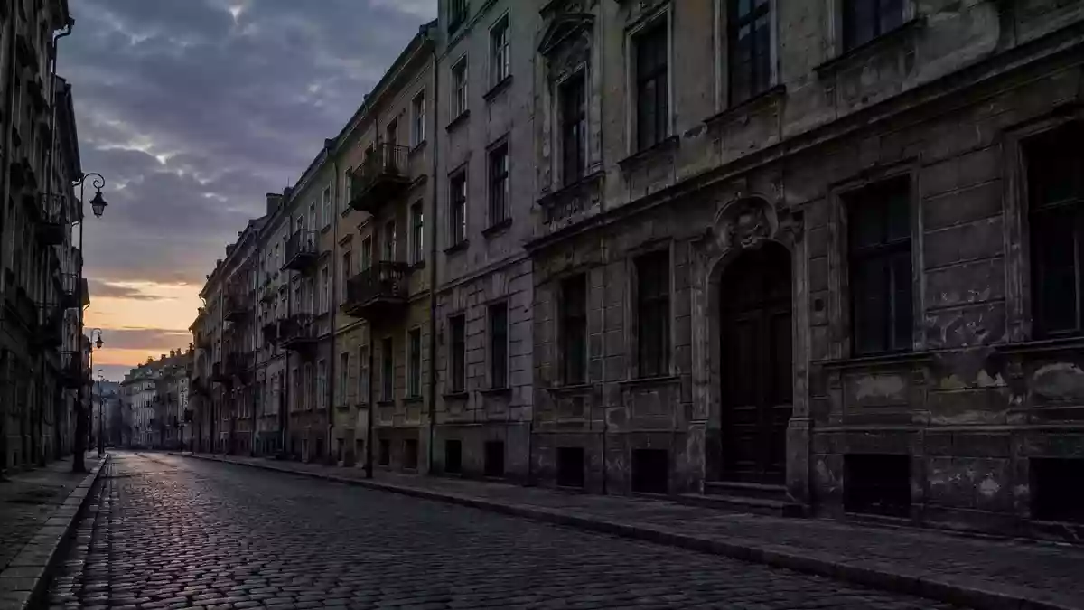 Eine menschenleere Wohnstraße in einem dicht bebauten Stadtviertel zur Dämmerung mit historischen Wohngebäuden. Illustration mit AI erstellt.