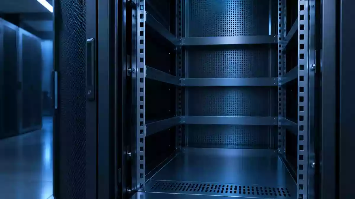 Ein leeres Server-Rack in einem minimalistischen Rechenzentrum mit kühler Beleuchtung und metallischen Oberflächen. Illustration mit AI erstellt.