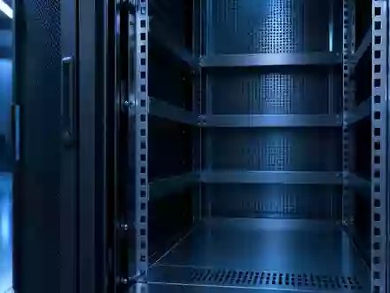 Ein leeres Server-Rack in einem minimalistischen Rechenzentrum mit kühler Beleuchtung und metallischen Oberflächen. - Foto: über boerse-global.de