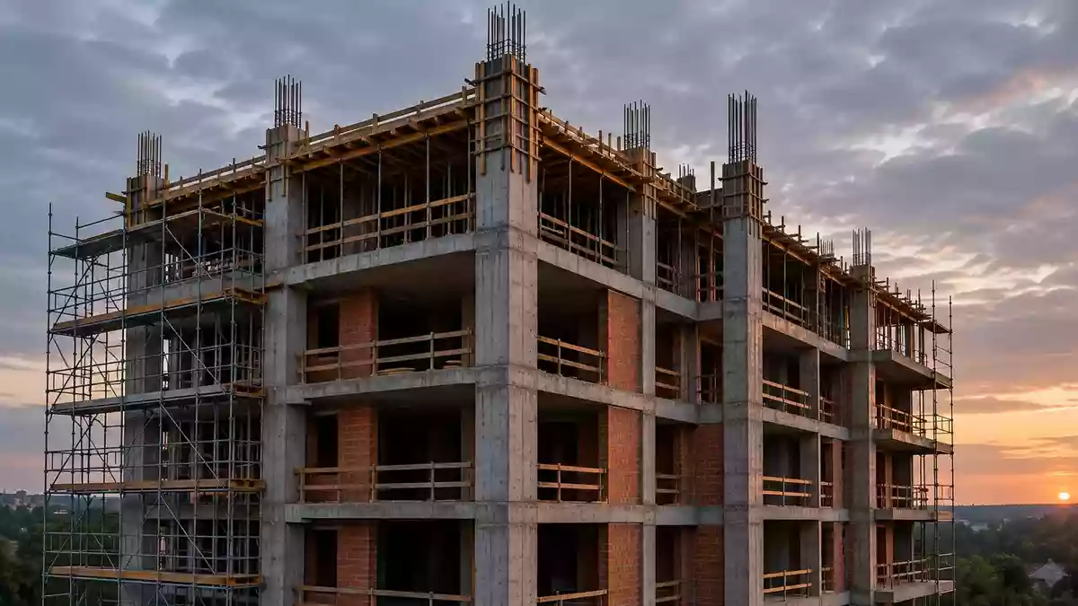 Eine Baustelle mit einem im Rohbau befindlichen Wohngebäude aus Beton und Stahl bei Dämmerung. Illustration mit AI erstellt.