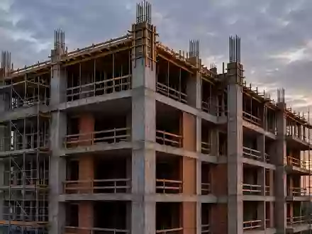 Eine Baustelle mit einem im Rohbau befindlichen Wohngebäude aus Beton und Stahl bei Dämmerung. - Foto: über boerse-global.de