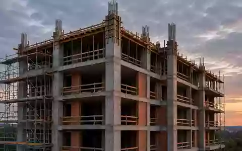 Eine Baustelle mit einem im Rohbau befindlichen Wohngebäude aus Beton und Stahl bei Dämmerung. - Foto: über boerse-global.de