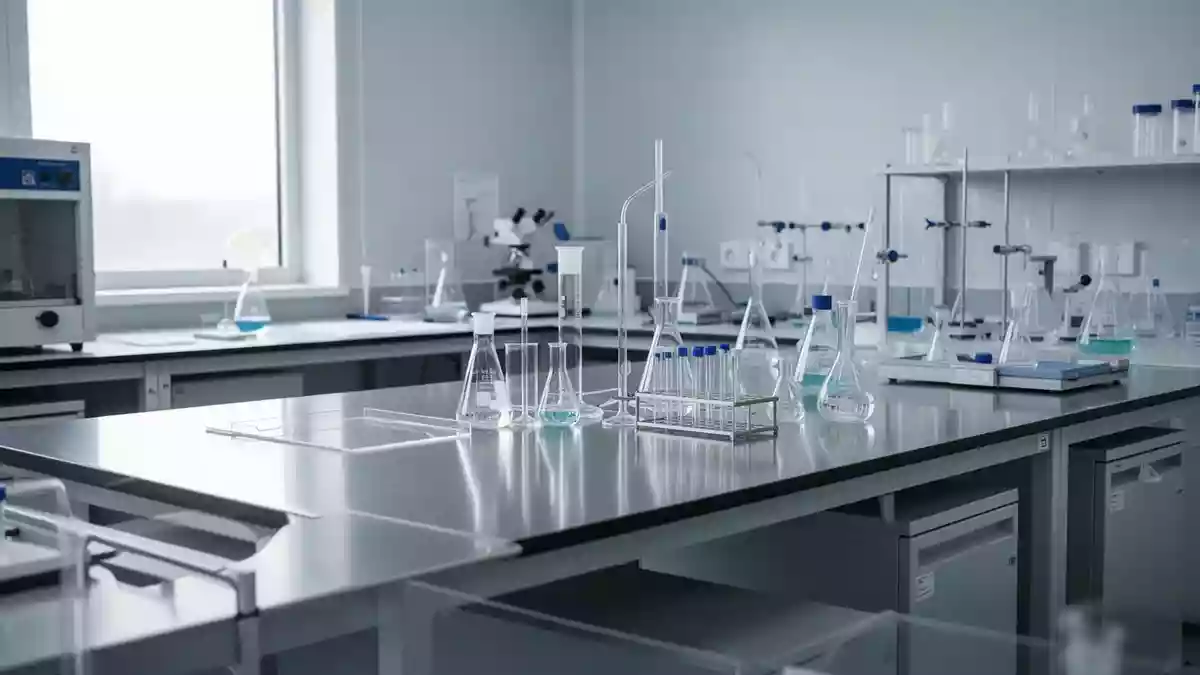 Ein steriles, modernes Labor mit glänzenden Arbeitsflächen und wissenschaftlichen Glasgeräten in einer Forschungseinrichtung. Illustration mit AI erstellt.
