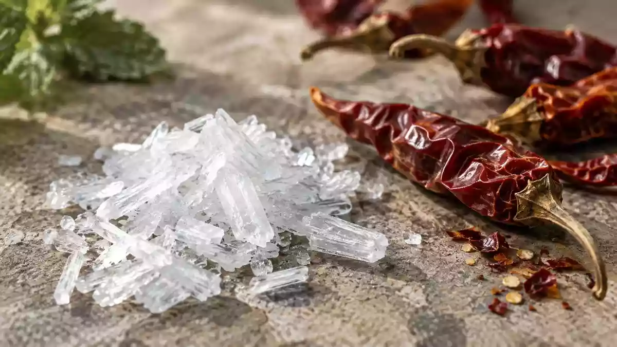 Kristalline Menthol-Flocken neben getrockneten Chilischoten auf einer steinernen Oberfläche. Illustration mit AI erstellt.