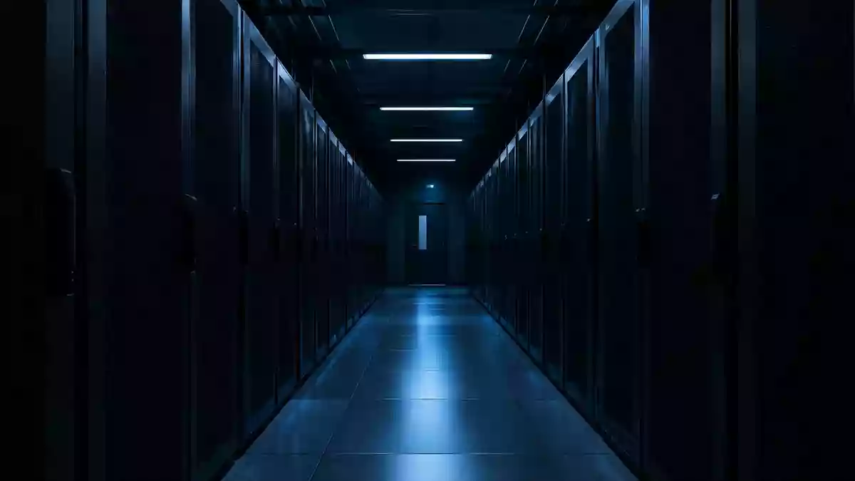 Dunkler, minimalistischer Serverraum mit symmetrischen Server-Racks in einer fluchtenden Korridorperspektive. Illustration mit AI erstellt.