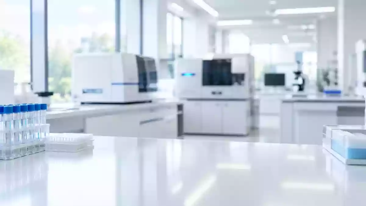 Ein steriler, modern gestalteter medizinischer Laborraum mit weißer Einrichtung und professioneller Lichtstimmung. Illustration mit AI erstellt.
