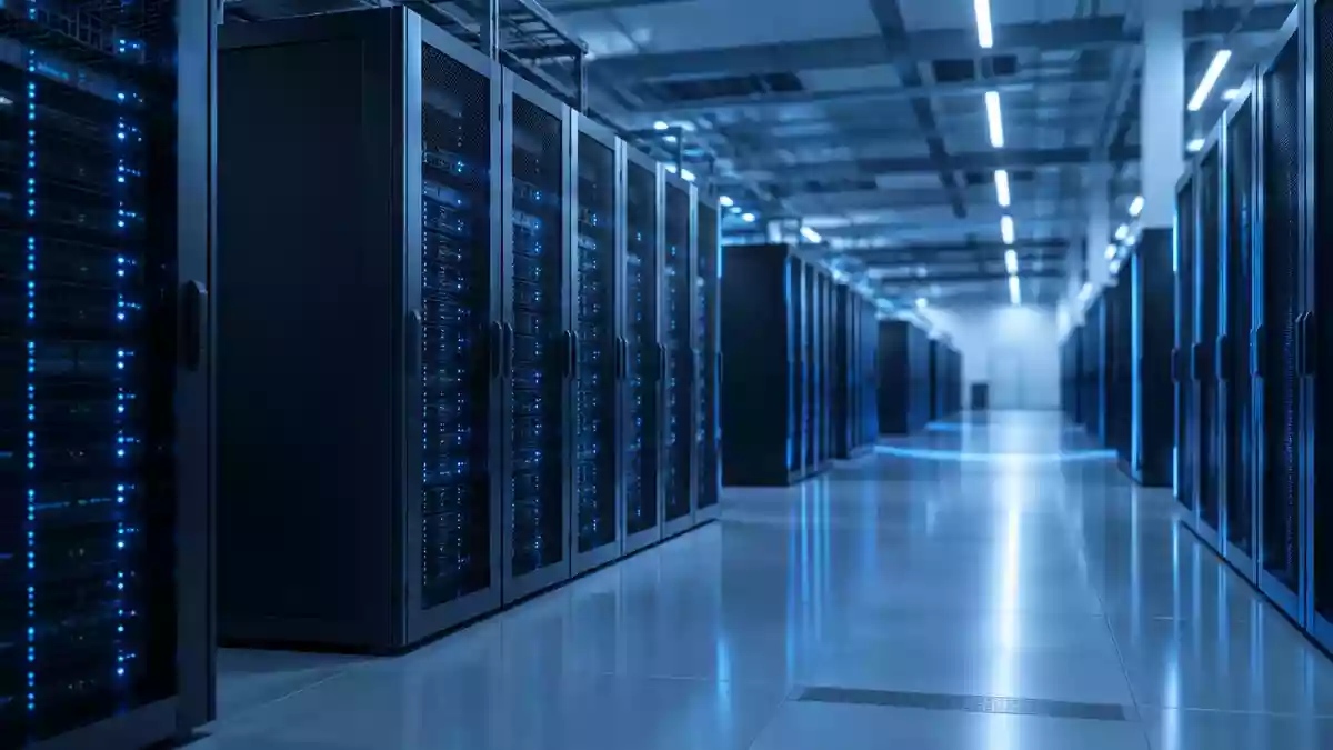 Moderne Server-Infrastruktur in einem klimatisierten Rechenzentrum mit kühler, bläulicher Beleuchtung. Illustration mit AI erstellt.