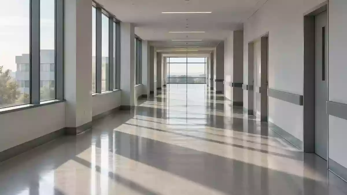 Ein minimalistischer, leerer Krankenhausflur mit sanftem Lichteinfall und klaren architektonischen Linien. Illustration mit AI erstellt.