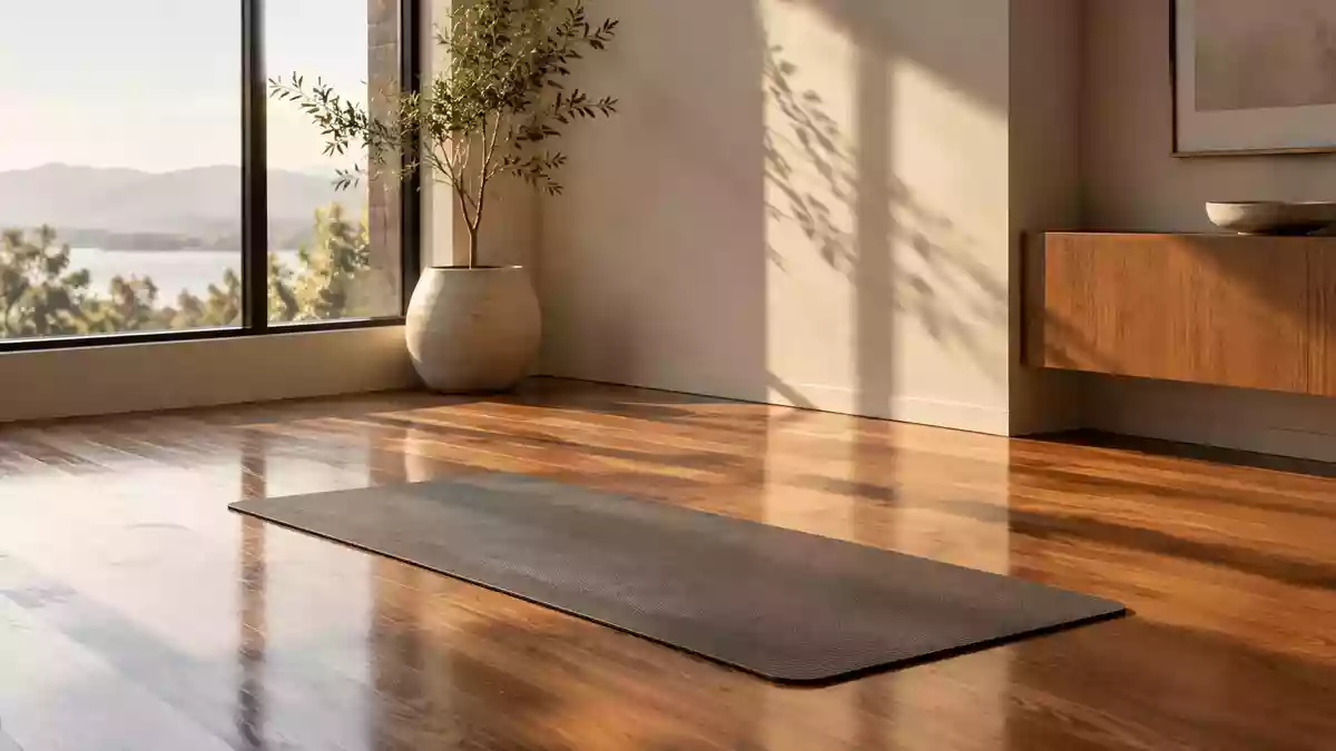 Eine leere, helle Trainingsmatte auf einem Holzboden in einem minimalistisch eingerichteten Raum bei Tageslicht. Illustration mit AI erstellt.