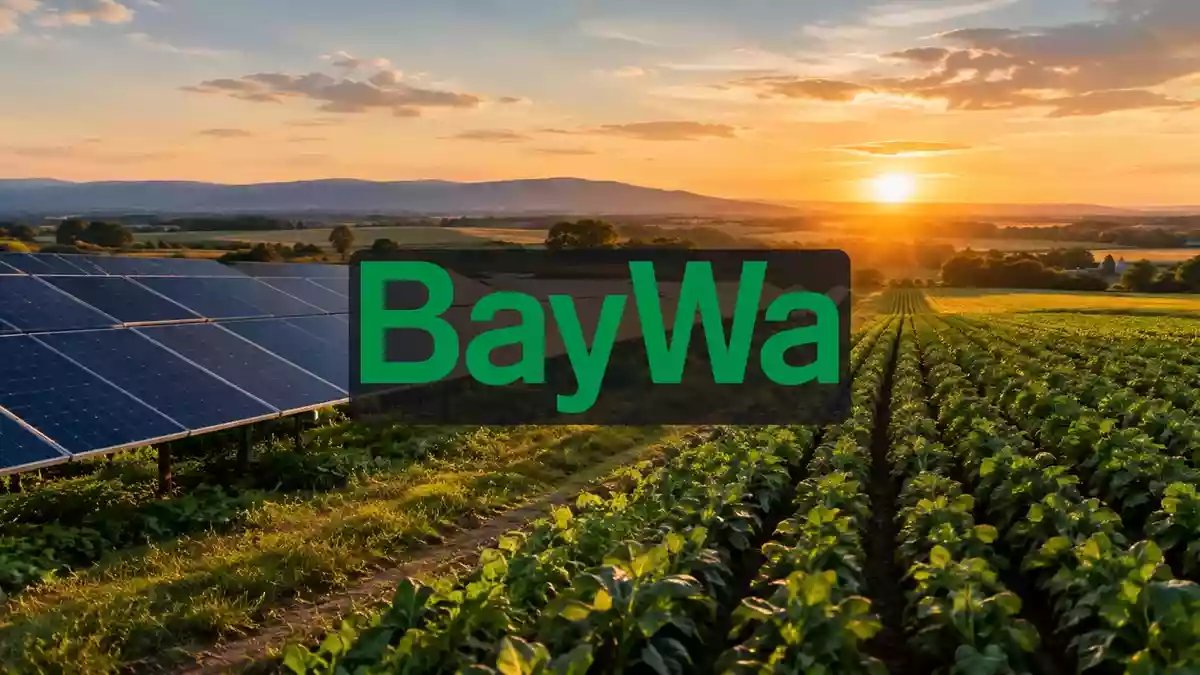 Moderne Photovoltaik-Anlage integriert in eine landwirtschaftliche Fläche bei Sonnenuntergang. Illustration mit AI erstellt.
