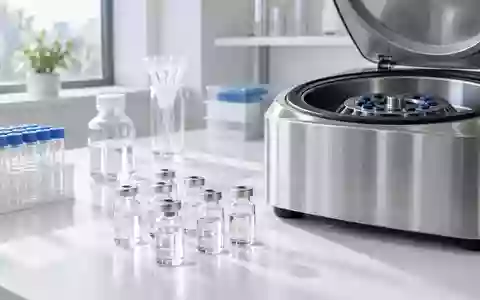 Ein steriler Labortisch mit Glasfläschchen und einer Zentrifuge in einer hellen, klinischen Umgebung. - Foto: über boerse-global.de