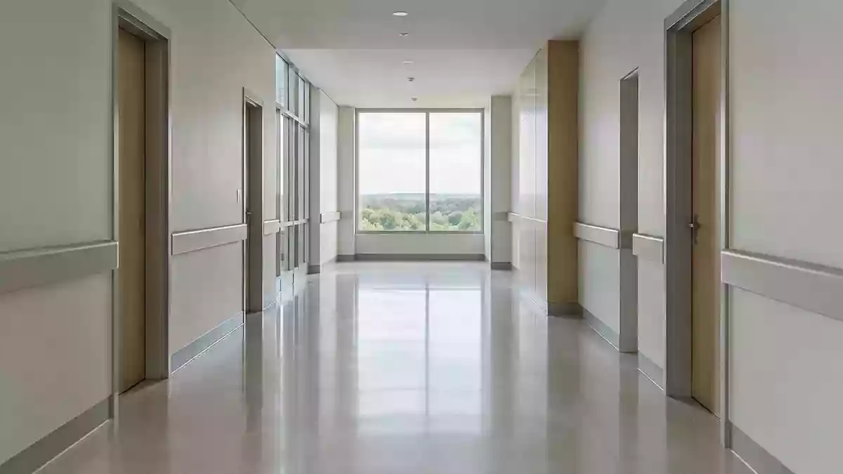 Ein leerer, in ruhiges Tageslicht getauchter Krankenhausflur mit minimalistischer Architektur. Illustration mit AI erstellt.