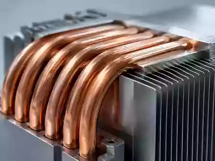 Nahaufnahme eines industriellen Kühlsystems mit Kupfer-Heatpipes und Metalllamellen zur Wärmeableitung. - Foto: über boerse-global.de