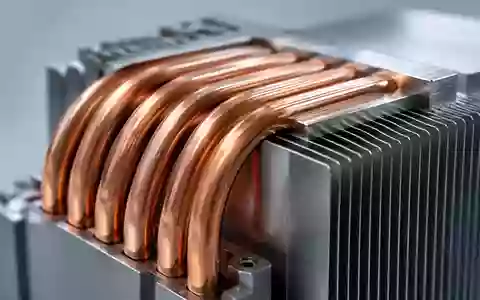 Nahaufnahme eines industriellen Kühlsystems mit Kupfer-Heatpipes und Metalllamellen zur Wärmeableitung. - Foto: über boerse-global.de
