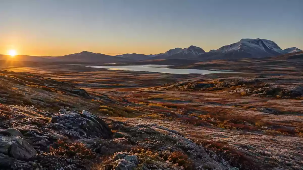 Eine weite, frostige nordkanadische Landschaft im Licht der tiefstehenden Spätnachmittagssonne. Illustration mit AI erstellt.