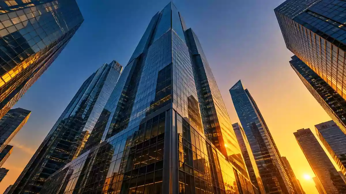 Ein moderner Wolkenkratzer aus Glas und Stahl in einem Finanzviertel zur goldenen Stunde. Illustration mit AI erstellt.