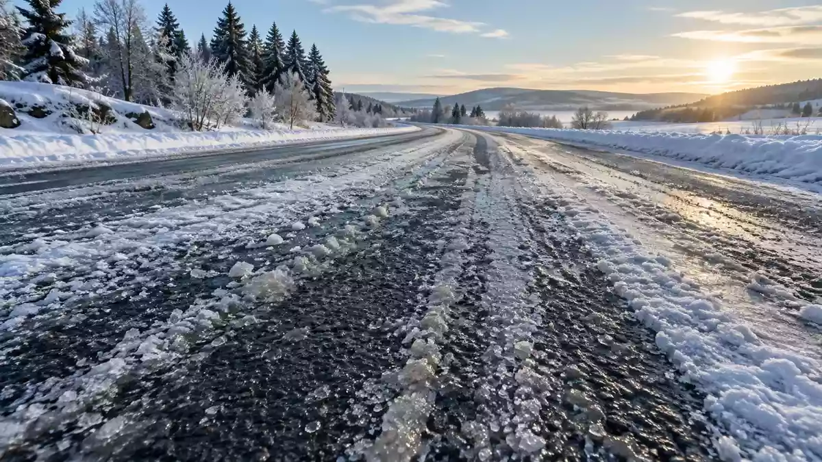 Mit Schnee und Schneematsch bedeckte Straßenoberfläche im Winter bei natürlichem Tageslicht. Illustration mit AI erstellt.