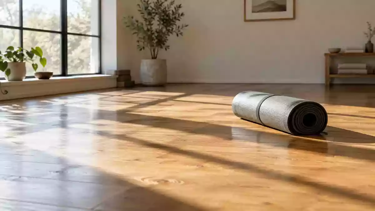 Eine aufgerollte Yogamatte auf einem hellen Holzboden in einem lichtdurchfluteten Raum. Illustration mit AI erstellt.