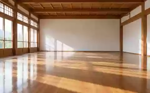 Ein minimalistischer, lichtdurchfluteter Trainingsraum mit poliertem Holzboden und klaren Wänden in einem Dojo. - Foto: über boerse-global.de