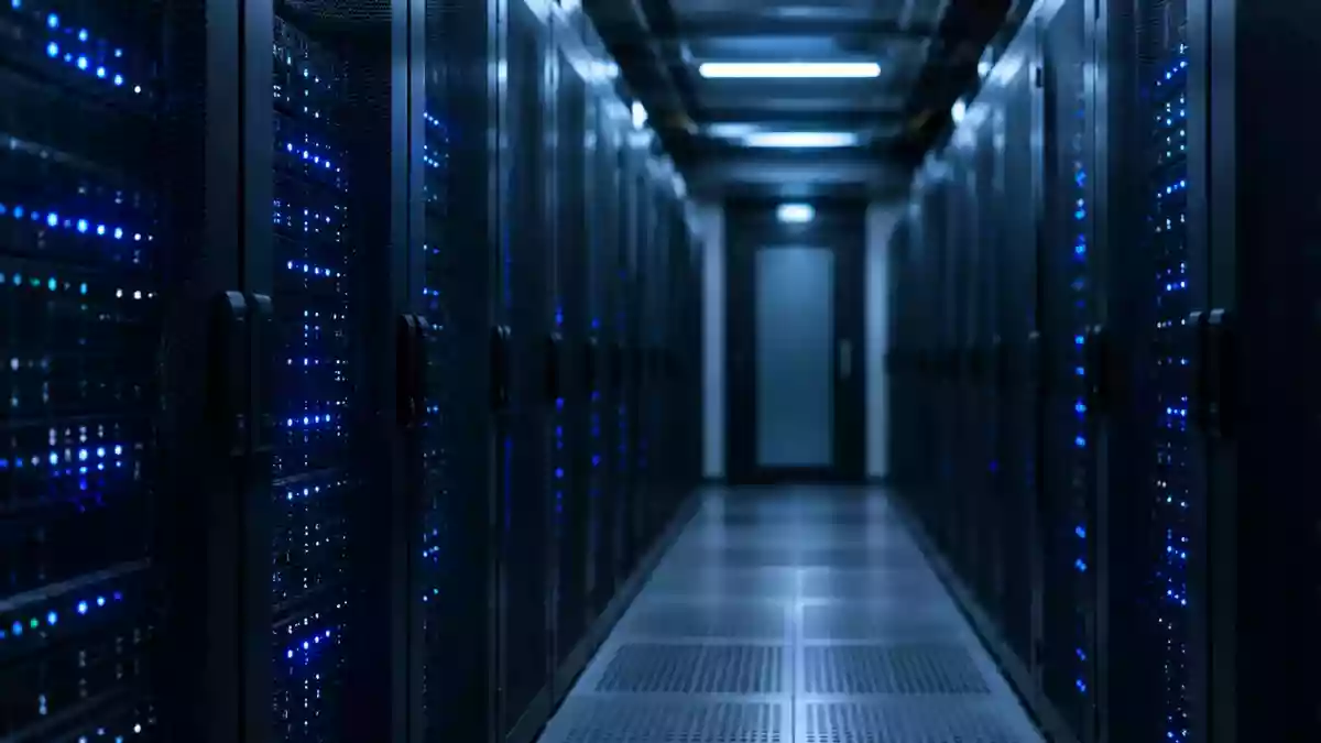 Dunkler Serverraum mit Reihen von Serverracks und blauen Statusleuchten. Illustration mit AI erstellt.