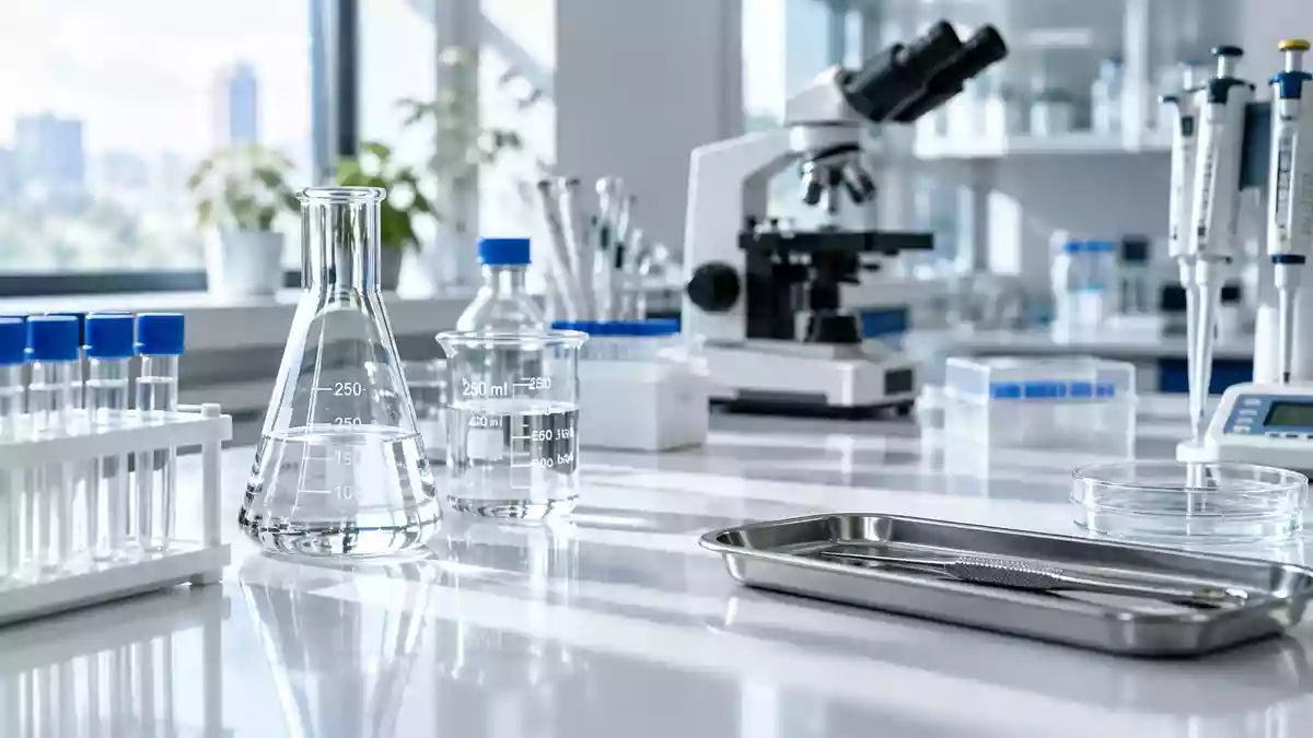 Moderne wissenschaftliche Laborausstattung mit Laborgeräten auf einem sauberen, weißen Labortisch. Illustration mit AI erstellt.