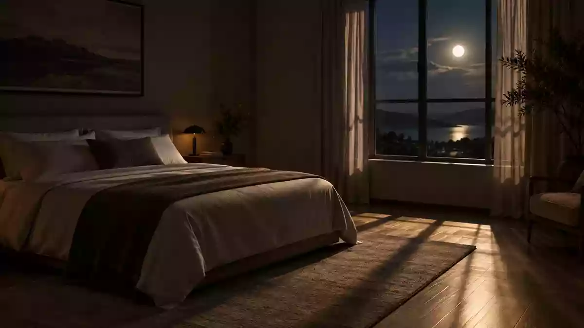 Ein minimalistisch eingerichtetes Schlafzimmer in der Nacht mit sanftem Mondlicht, das durch ein Fenster fällt. Illustration mit AI erstellt.