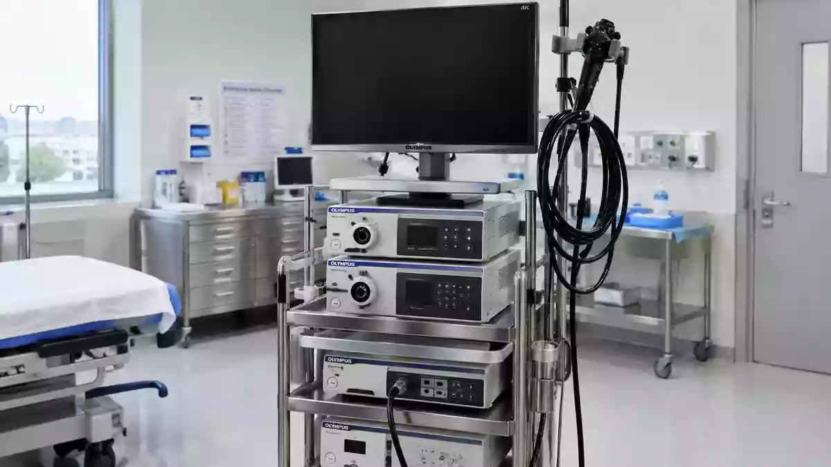 Ein steriler Untersuchungsraum in einer Klinik mit einer professionellen endoskopischen Arbeitsstation und einem dunklen Monitor. Illustration mit AI erstellt.