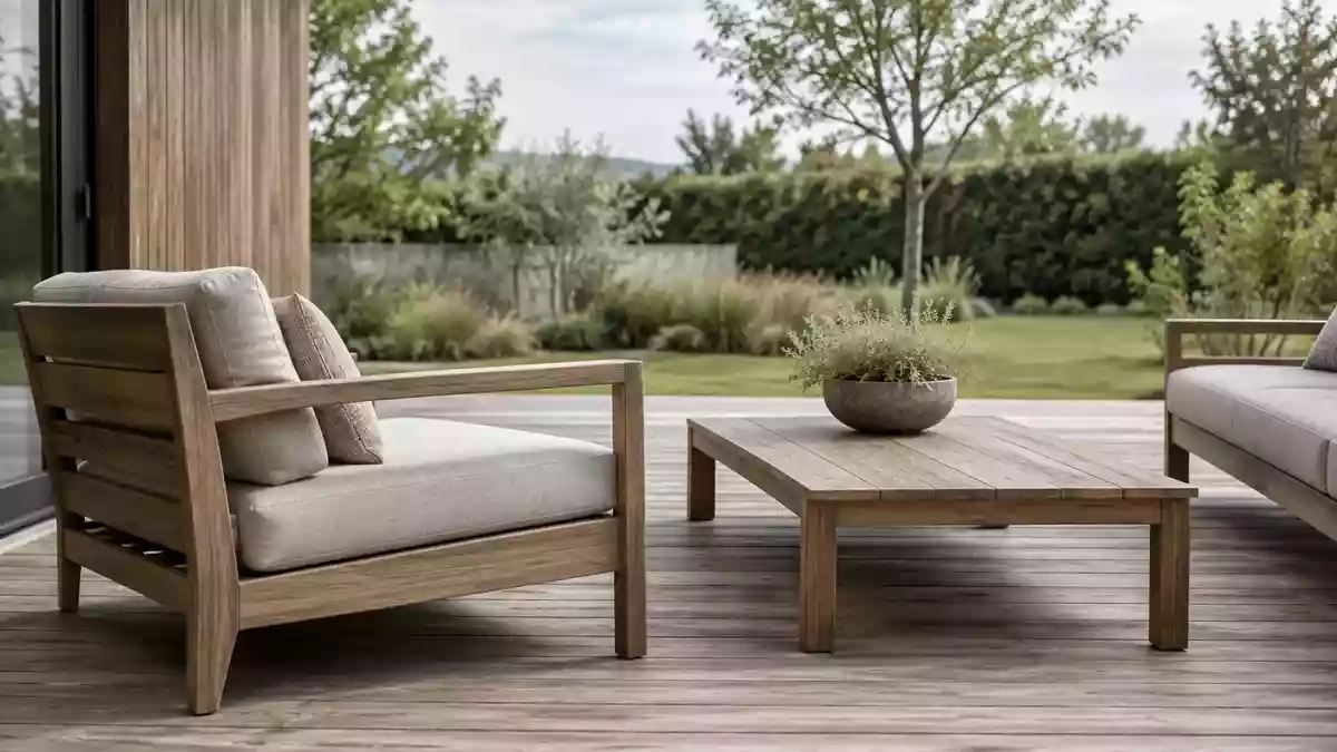 Leere Holzterrasse in einem Garten mit Fokus auf architektonische Linien und Materialtexturen. Illustration mit AI erstellt.
