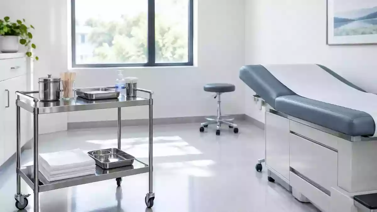 Ein minimalistischer, hell beleuchteter klinischer Untersuchungsraum mit medizinischem Mobiliar in steriler Umgebung. Illustration mit AI erstellt.
