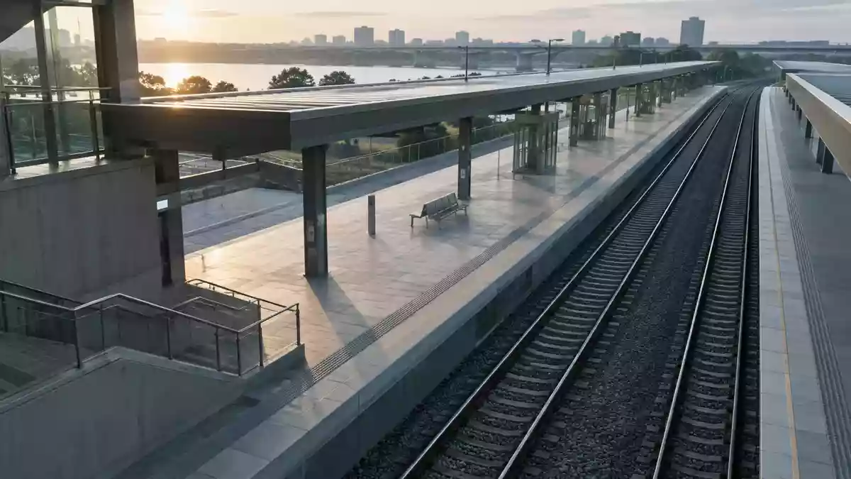 Ein leerer Bahnsteig an einem modernen Bahnhof im frühen Morgenlicht. Illustration mit AI erstellt.