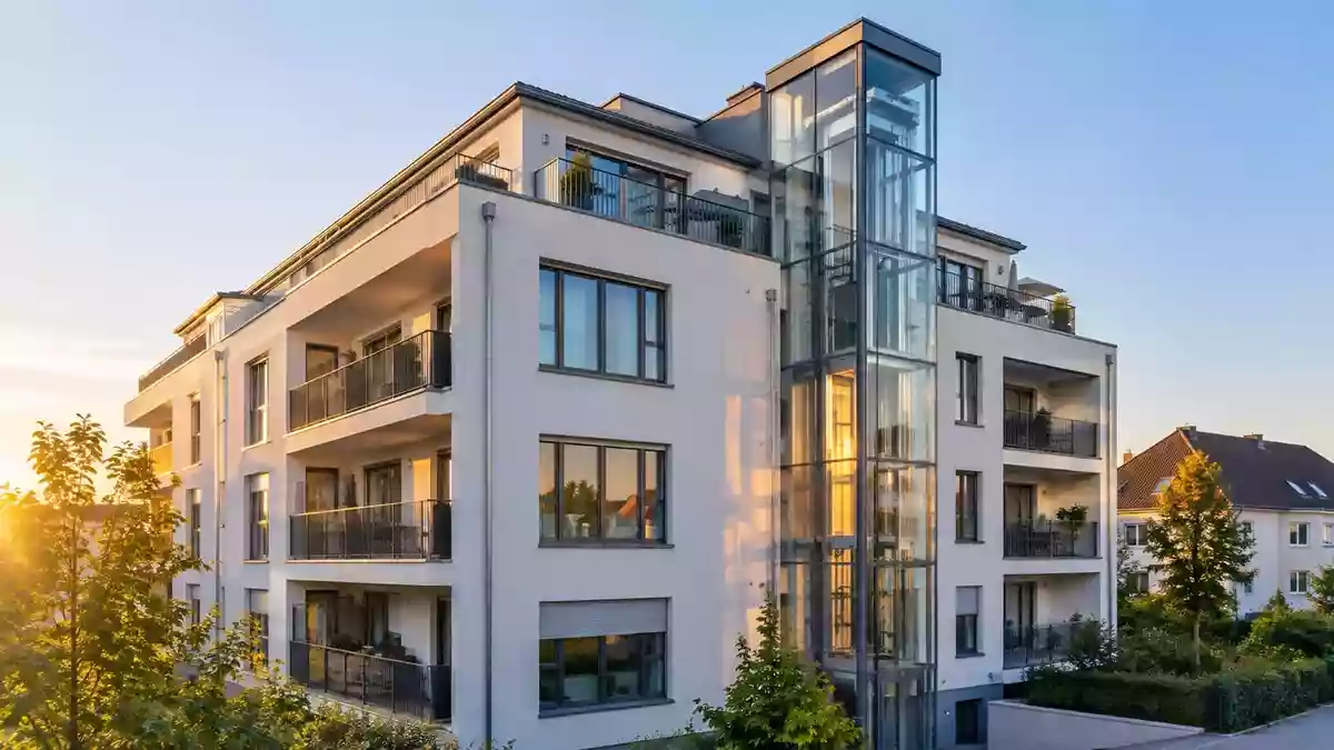 Modernes Wohngebäude mit klaren architektonischen Linien und Aufzugsschacht in einem deutschen Wohnviertel. Illustration mit AI erstellt.