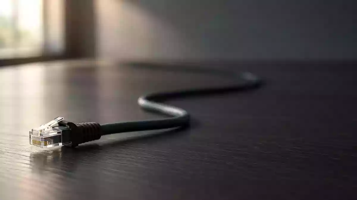 Ein Ethernet-Kabel auf einem dunklen Schreibtisch vor unscharfem Hintergrund. Illustration mit AI erstellt.