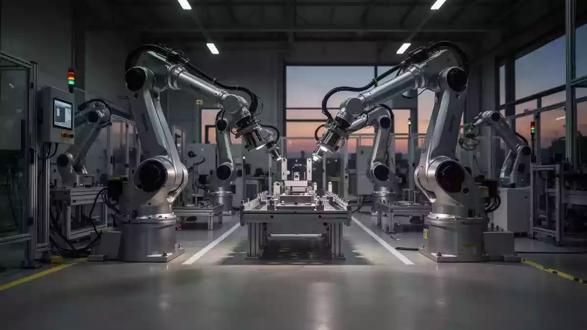 Moderne, automatisierte Industriefertigungshalle mit präzisen Roboterarmen in einer sauberen, minimalistischen Umgebung. Illustration mit AI erstellt.