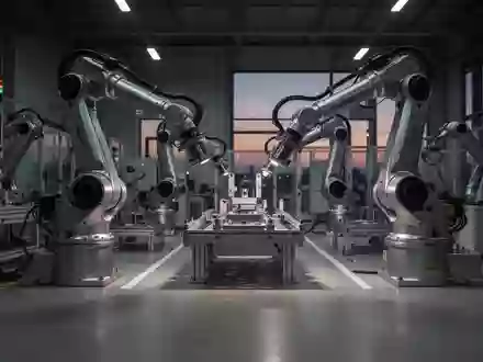 Moderne, automatisierte Industriefertigungshalle mit präzisen Roboterarmen in einer sauberen, minimalistischen Umgebung. - Foto: über boerse-global.de