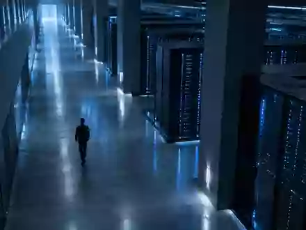 Ein minimalistischer, modern beleuchteter Flur in einem Rechenzentrum mit poliertem Betonboden und kühler Lichtstimmung. - Foto: über boerse-global.de