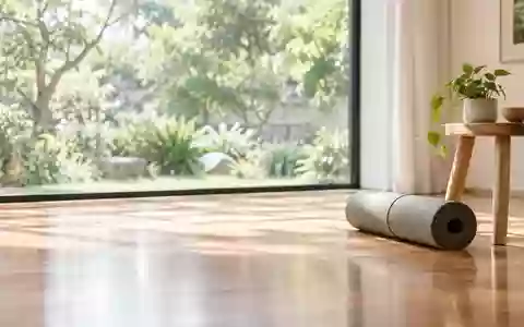 Ein heller Raum mit Holzboden und einer zusammengerollten Yogamatte vor einem Fenster mit Blick ins Grüne. - Foto: über boerse-global.de